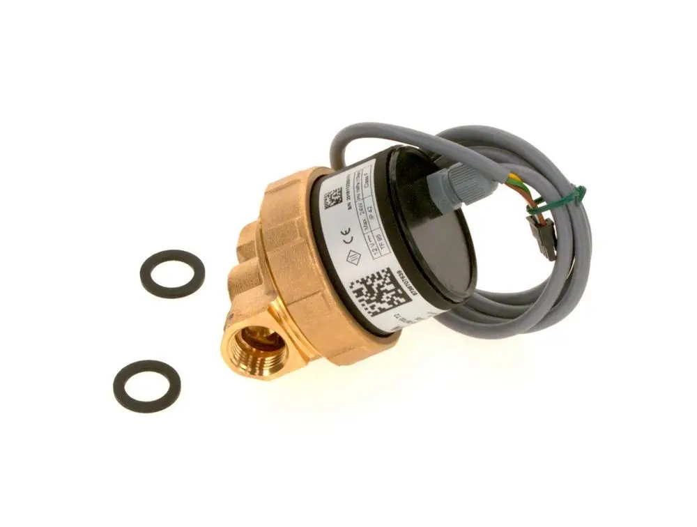 BOSCH Pumpe mit Verbindungskabel und zwei Gummidichtungen, montierbar, aus Messing mit einem runden Gehäuse und Beschriftungen auf der Oberseite.